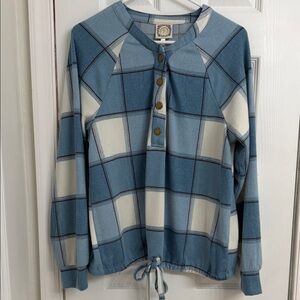 TRUSELF Blue Plaid Long Sleeve Henley Top Drawstring Hem Size L NWOT